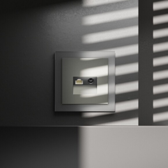 VLS060705 Розетка компьютерная RJ45 и ТV Телевизионная оконечная для антренных кабелей RG6 или РК 75-4,8-31. Патчкорд категории 6Е (для проводов CAT5-CAT6 до 10 Гбит/сек) стального цвета VOLTUM S70 (сталь)