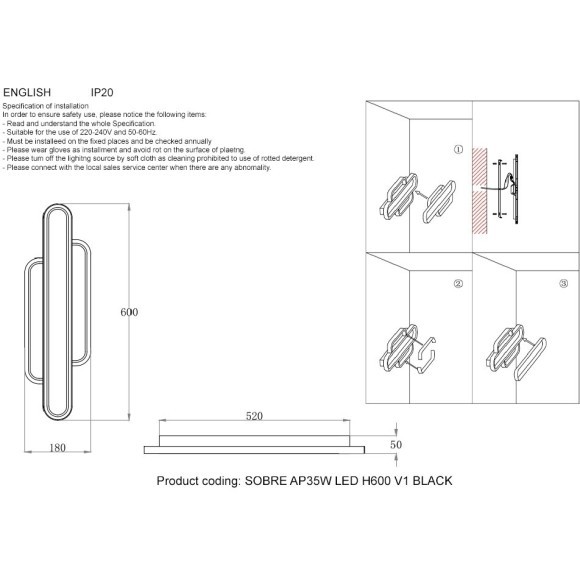 Бра Crystal Lux SOBRE AP35W LED H600 V1 BLACK Бра Crystal Lux SOBRE AP35W LED H600 V1 BLACK