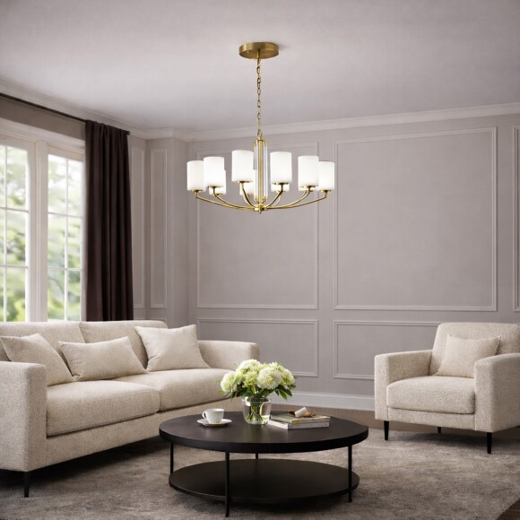 ST-Luce OPALUS BRASS SL1403.303.10 Подвесная люстра в ретро стиле, плафоны матовое белое стекло, основание металл цвета латунь, диаметр 90см, макс высота 115см, сменные лампы E27 10x40W IP20 220В