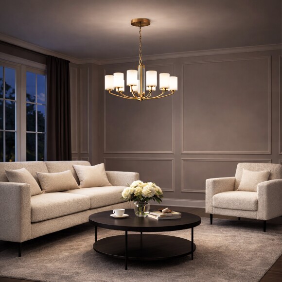 ST-Luce OPALUS BRASS SL1403.303.10 Подвесная люстра в ретро стиле, плафоны матовое белое стекло, основание металл цвета латунь, диаметр 90см, макс высота 115см, сменные лампы E27 10x40W IP20 220В