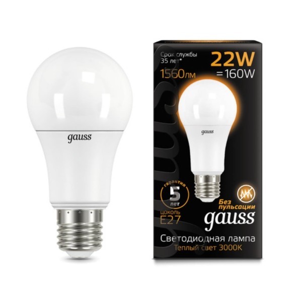 102502122 Лампа Gauss A70 22W 1900lm 3000K E27 LED 1/10/50