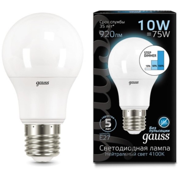 102502210-S Лампа Gauss LED A60 10W E27 920lm 4100K step dimmable 1/10/50