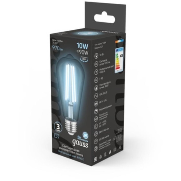 157802210 Лампа Gauss Filament ST64 10W 970lm 4100К Е27 LED 1/10/40 157802210 Лампа Gauss Filament ST64 10W 970lm 4100К Е27 LED 1/10/40
