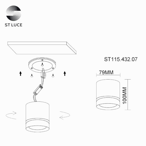 ST115.432.07 Светильник потолочный Черный LED 1*7W 3000K 490Lm Ra90 120° IP20 D79xH100 170-240V Накладные светильники
