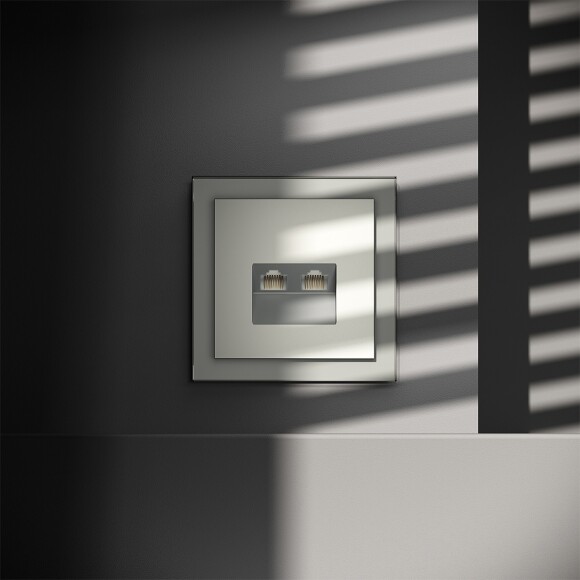 VLS060205 Розетка компьютерная двойная RJ45+RJ45 категории 6Е (для проводов CAT5-CAT6 до 10 Гбит/сек) стального цвета VOLTUM S70 (сталь)