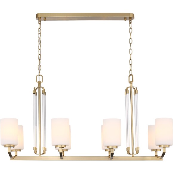 ST-Luce OPALUS BRASS SL1403.333.08 Подвесная люстра в ретро стиле, плафоны матовое белое стекло, основание металл цвета латунь, длина 97см, ширина 38см, макс высота 115см, сменные лампы E27 8x40W IP20 220В