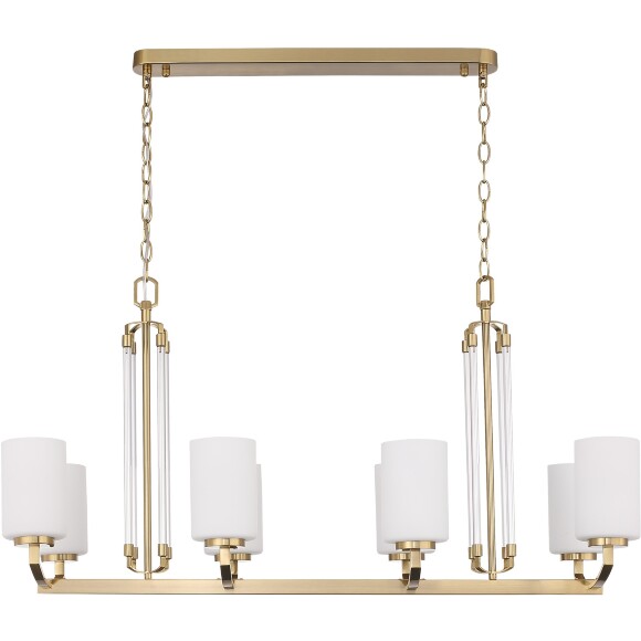 ST-Luce OPALUS BRASS SL1403.333.08 Подвесная люстра в ретро стиле, плафоны матовое белое стекло, основание металл цвета латунь, длина 97см, ширина 38см, макс высота 115см, сменные лампы E27 8x40W IP20 220В