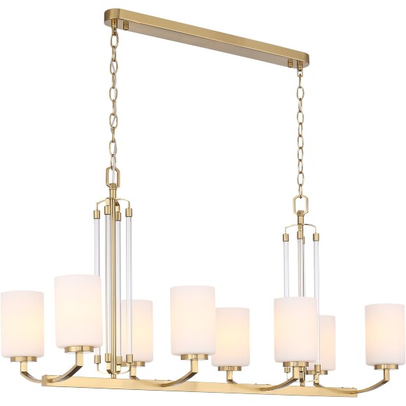 ST-Luce OPALUS BRASS SL1403.333.08 Подвесная люстра в ретро стиле, плафоны матовое белое стекло, основание металл цвета латунь, длина 97см, ширина 38см, макс высота 115см, сменные лампы E27 8x40W IP20 220В