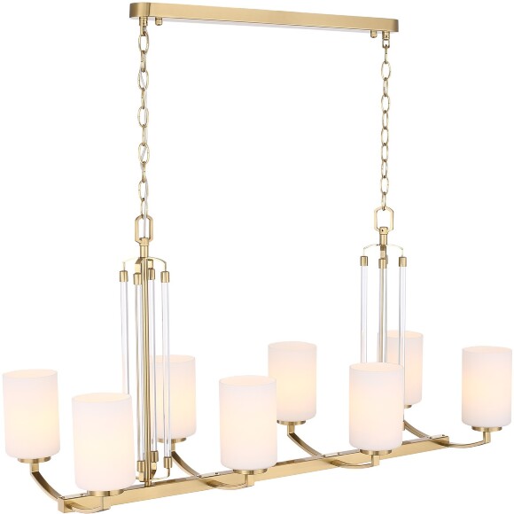 ST-Luce OPALUS BRASS SL1403.333.08 Подвесная люстра в ретро стиле, плафоны матовое белое стекло, основание металл цвета латунь, длина 97см, ширина 38см, макс высота 115см, сменные лампы E27 8x40W IP20 220В