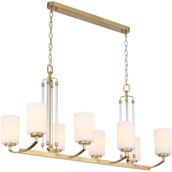 ST-Luce OPALUS BRASS SL1403.333.08 Подвесная люстра в ретро стиле, плафоны матовое белое стекло, основание металл цвета латунь, длина 97см, ширина 38см, макс высота 115см, сменные лампы E27 8x40W IP20 220В