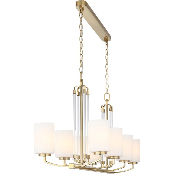 ST-Luce OPALUS BRASS SL1403.333.08 Подвесная люстра в ретро стиле, плафоны матовое белое стекло, основание металл цвета латунь, длина 97см, ширина 38см, макс высота 115см, сменные лампы E27 8x40W IP20 220В