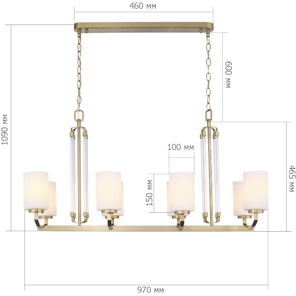 ST-Luce OPALUS BRASS SL1403.333.08 Подвесная люстра в ретро стиле, плафоны матовое белое стекло, основание металл цвета латунь, длина 97см, ширина 38см, макс высота 115см, сменные лампы E27 8x40W IP20 220В