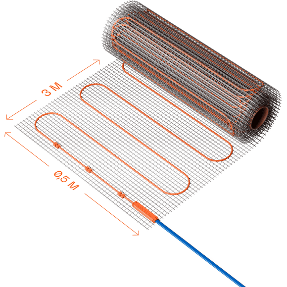 VLT01-150-1.5 Нагревательный мат (Теплый пол) длиной 3 метра и шириной полметра (0,5 метра) Voltum Т150 мощность 225Вт 150Вт/м², двужильный экранированный кабель, клеевая сетка, укладка в плиточный клей/стяжку, гарантия 25 лет