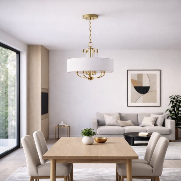 ST-Luce OPALUS BRASS SL1403.303.05 Подвесная люстра в ретро стиле, плафон тканевый белый абажур диаметром 55см, основание металл цвета латунь, макс высота 115см, сменные лампы E27 5x40W IP20 220В