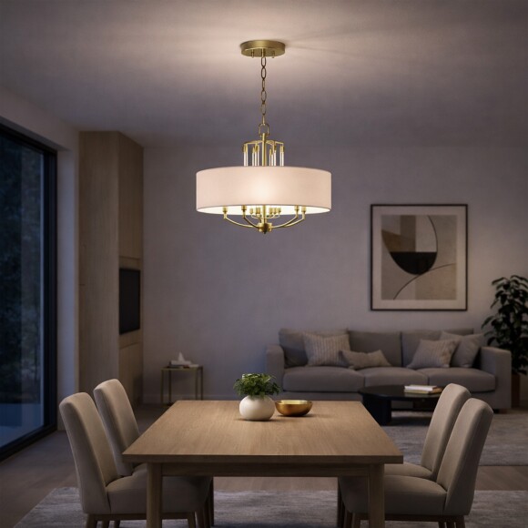 ST-Luce OPALUS BRASS SL1403.303.05 Подвесная люстра в ретро стиле, плафон тканевый белый абажур диаметром 55см, основание металл цвета латунь, макс высота 115см, сменные лампы E27 5x40W IP20 220В