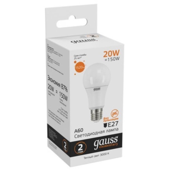 23219 Лампа Gauss LED Elementary A60 20W E27 1520lm 3000K 1/10/40