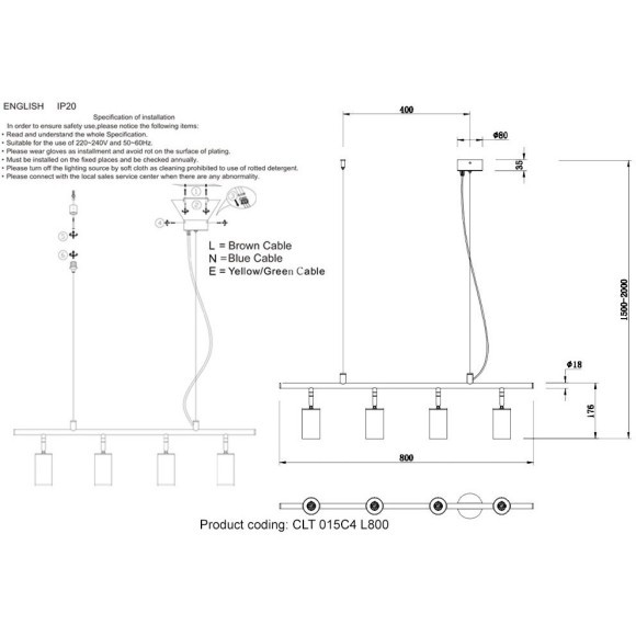 Светильник подвесной Crystal Lux CLT 015C4 L800 BL