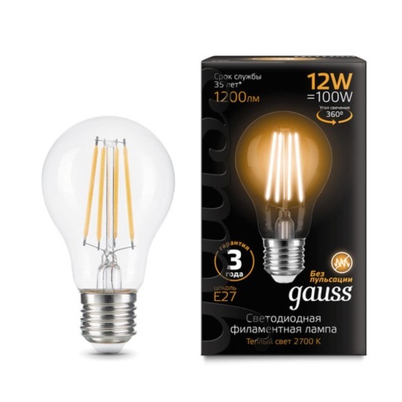 102902112 Лампа Gauss Filament А60 12W 1200lm 2700К Е27 LED 1/10/40