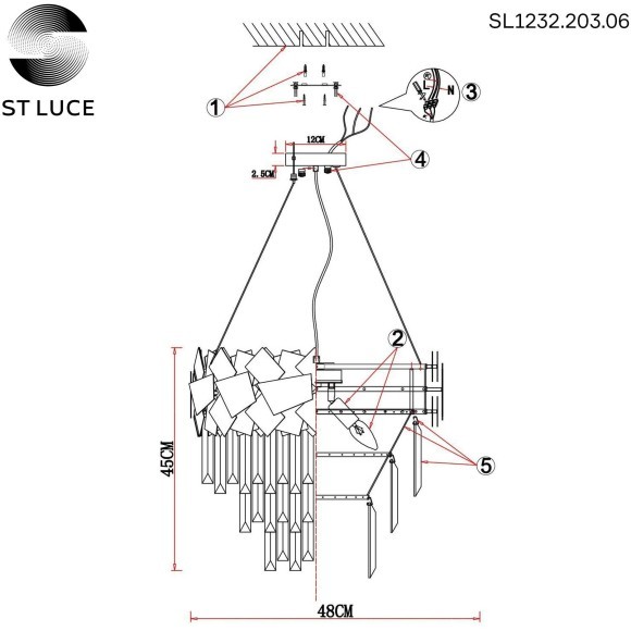 SL1232.203.06 ST Luce CASERTA Светильник подвесной, E14,6х60W, золотистый/прозрачный, золотистый