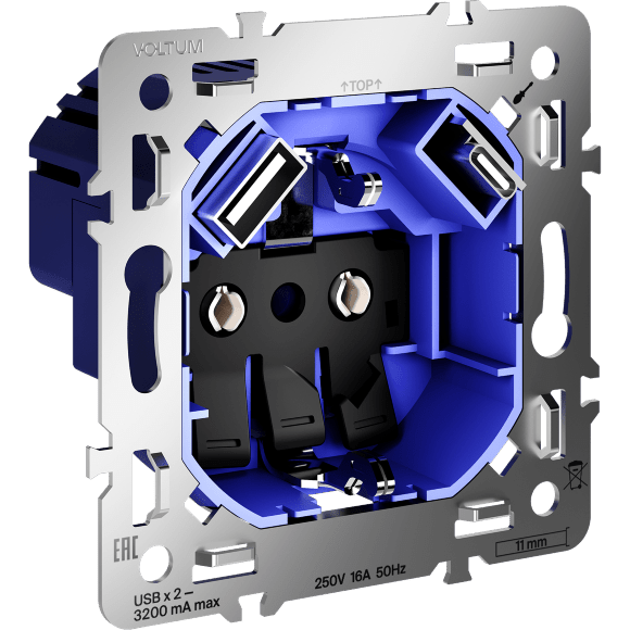 VLS0405M Механизм розетки с заземлением и защитными шторками 16А, с USB зарядкой USB Type-А и USB Type-C VOLTUM S70