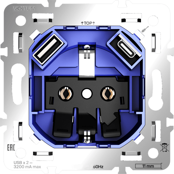 VLS0405M Механизм розетки с заземлением и защитными шторками 16А, с USB зарядкой USB Type-А и USB Type-C VOLTUM S70