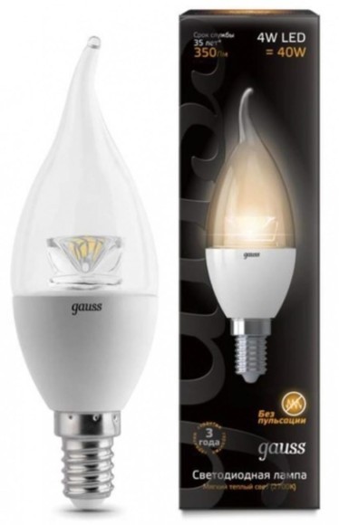 104201104 Лампа Gauss LED Candle Tailed Crystal Clear E14 4W 2700K 1/10/50