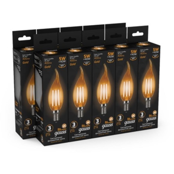 104801005 Лампа Gauss LED Filament Свеча на ветру E14 5W 400lm 2700K Golden 1/10/50